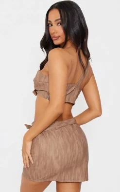 New PrettyLittleThing Petite Woven Extreme Crop Top With Strap Detail Brown