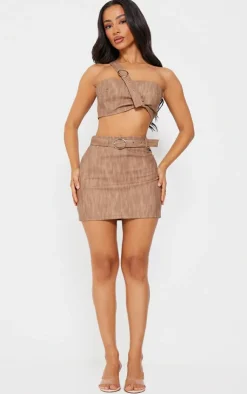 New PrettyLittleThing Petite Woven Extreme Crop Top With Strap Detail Brown