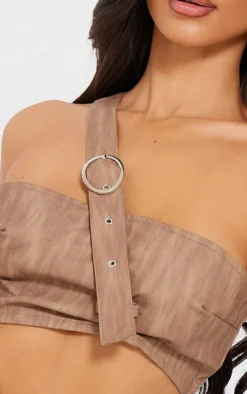 New PrettyLittleThing Petite Woven Extreme Crop Top With Strap Detail Brown