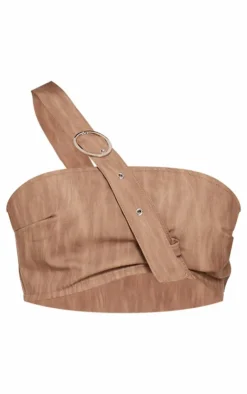 New PrettyLittleThing Petite Woven Extreme Crop Top With Strap Detail Brown