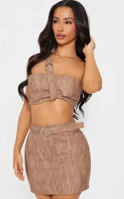 Outlet PrettyLittleThing Petite Woven Micro Mini Skirt Brown
