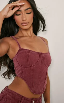 PrettyLittleThing Corsets*Petite Dipped Hem Denim Corset Top
