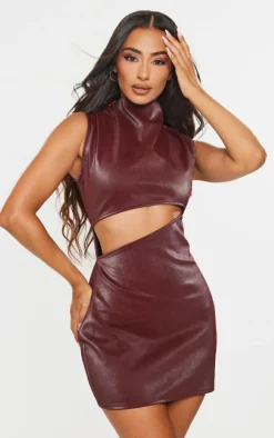 Petite Burgundy Faux Leather Sleeveless Cut Out Mini Dress-PrettyLittleThing Discount