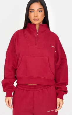 Outlet PrettyLittleThing Petite Graphic Oversized Half Zip Sweat Burgundy