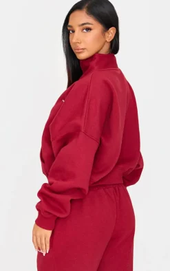 Outlet PrettyLittleThing Petite Graphic Oversized Half Zip Sweat Burgundy