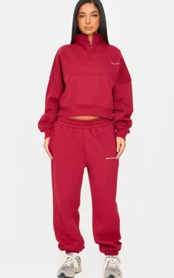 Outlet PrettyLittleThing Petite Graphic Oversized Half Zip Sweat Burgundy
