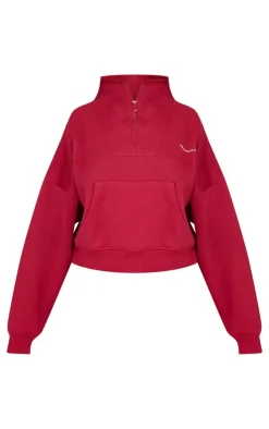 Outlet PrettyLittleThing Petite Graphic Oversized Half Zip Sweat Burgundy