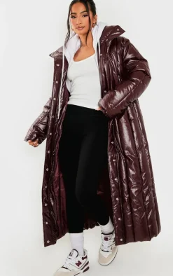 PrettyLittleThing Puffer Jackets*Petite Burgundy Shine High Neck Puffer Maxi Coat