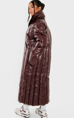PrettyLittleThing Puffer Jackets*Petite Burgundy Shine High Neck Puffer Maxi Coat