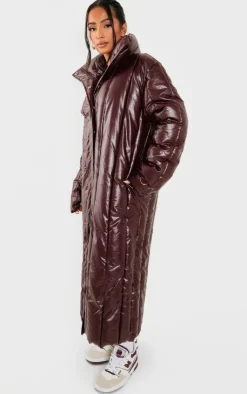 PrettyLittleThing Puffer Jackets*Petite Burgundy Shine High Neck Puffer Maxi Coat