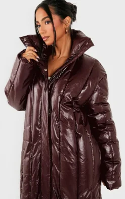 PrettyLittleThing Puffer Jackets*Petite Burgundy Shine High Neck Puffer Maxi Coat