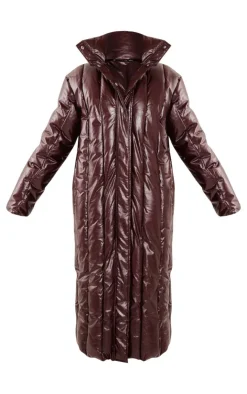 PrettyLittleThing Puffer Jackets*Petite Burgundy Shine High Neck Puffer Maxi Coat