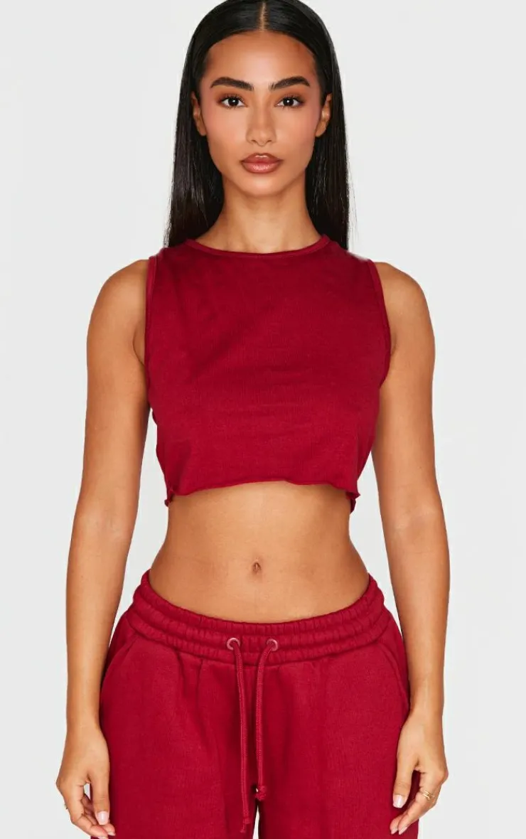 Best PrettyLittleThing Petite Sleeveless Raw Edge Tank Top Burgundy