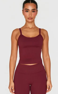 Hot PrettyLittleThing Petite Snatched Sculpt Cami Strap Crop Top Burgundy