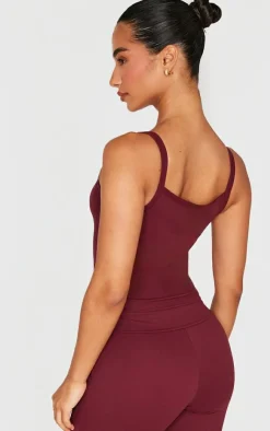 Hot PrettyLittleThing Petite Snatched Sculpt Cami Strap Crop Top Burgundy