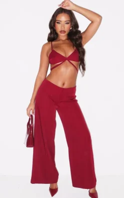 PrettyLittleThing Petite Strappy Woven Bralet Burgundy