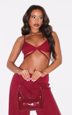PrettyLittleThing Petite Strappy Woven Bralet Burgundy