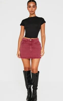 Petite Burgundy Washed Raw Hem Mini Skirt