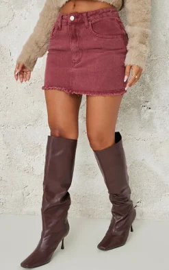 Petite Burgundy Washed Raw Hem Mini Skirt