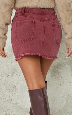 Petite Burgundy Washed Raw Hem Mini Skirt