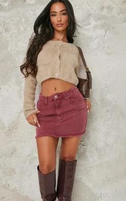 Petite Burgundy Washed Raw Hem Mini Skirt