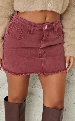 Petite Burgundy Washed Raw Hem Mini Skirt