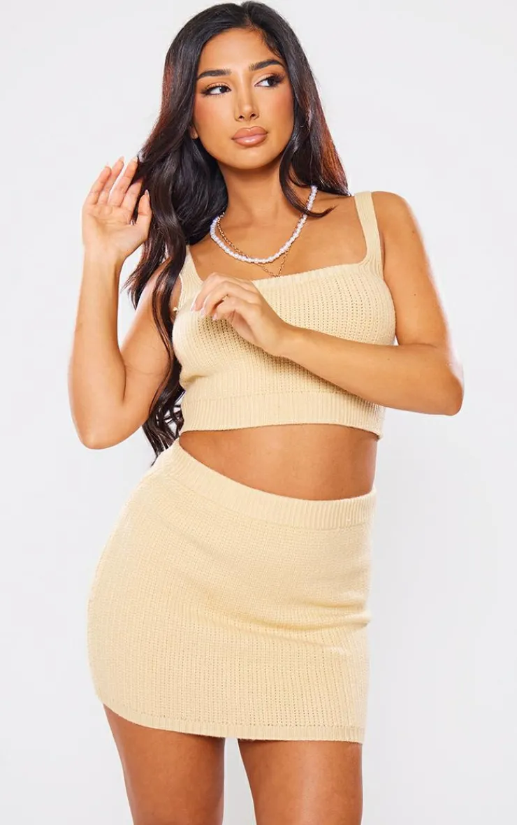 Discount PrettyLittleThing Petite Knitted Mini Skirt Camel