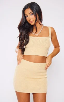 New PrettyLittleThing Petite Knitted Square Neck Crop Top Camel