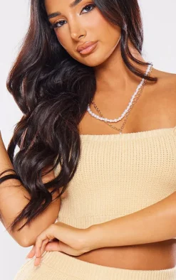 New PrettyLittleThing Petite Knitted Square Neck Crop Top Camel
