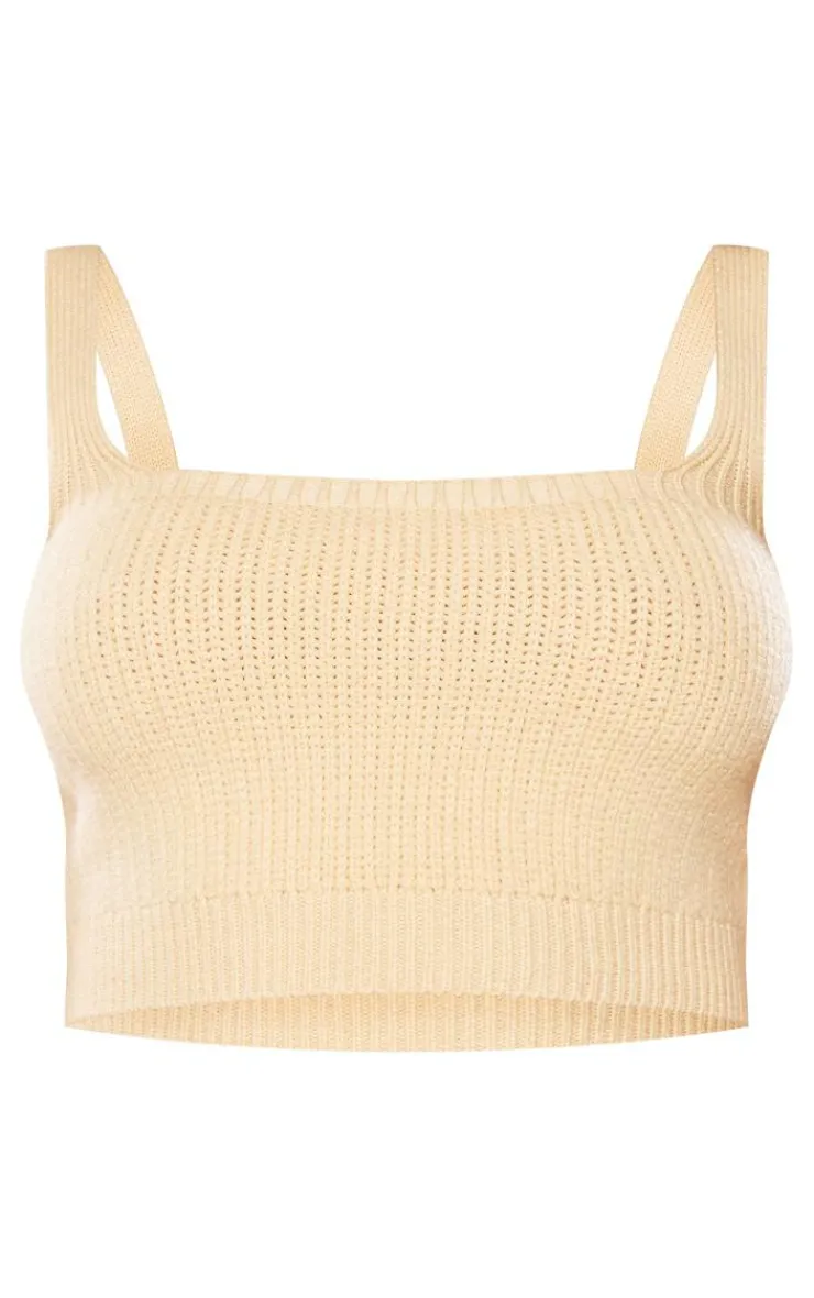 New PrettyLittleThing Petite Knitted Square Neck Crop Top Camel
