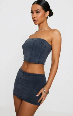 PrettyLittleThing Petite Acid Wash Micro Mini Skirt Charcoal