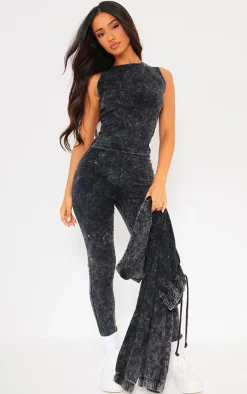 Hot PrettyLittleThing Petite Acid Wash Leggings Charcoal