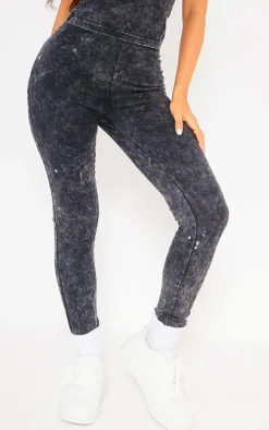 Hot PrettyLittleThing Petite Acid Wash Leggings Charcoal