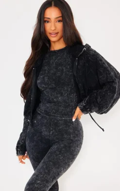 New PrettyLittleThing Petite Acid Wash Zip Up Cropped Hoodie Charcoal