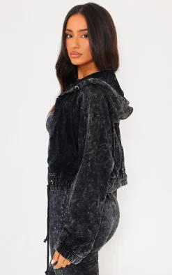 New PrettyLittleThing Petite Acid Wash Zip Up Cropped Hoodie Charcoal
