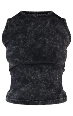 New PrettyLittleThing Petite Acid Wash Zip Up Cropped Hoodie Charcoal