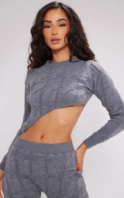 Best PrettyLittleThing Petite Cable Knit Detail Asymmetric Hem Sweater Charcoal