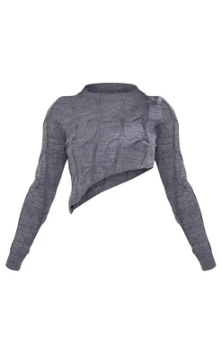 Best PrettyLittleThing Petite Cable Knit Detail Asymmetric Hem Sweater Charcoal