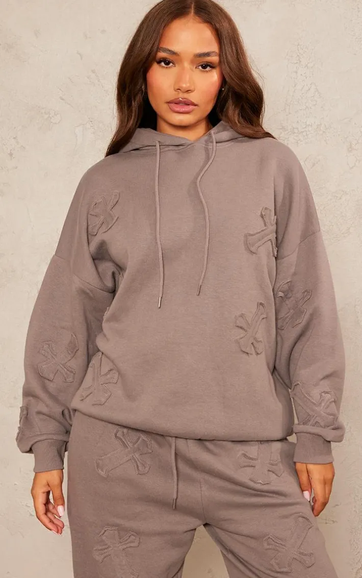 Petite Charcoal Cross Applique Embroidered Hoodie
