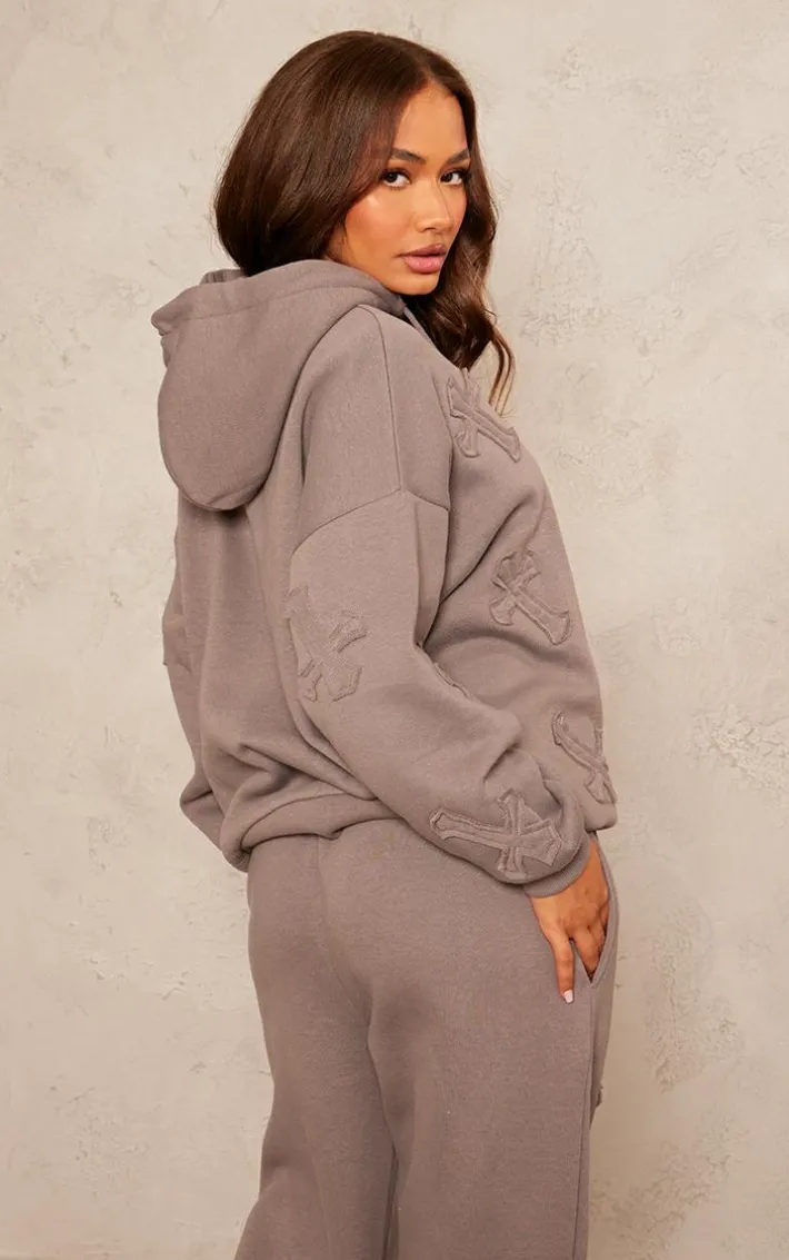 Petite Charcoal Cross Applique Embroidered Hoodie
