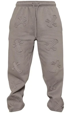 PrettyLittleThing Grey Sweatsuits*Petite Cross Applique Embroidered Sweatpants