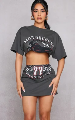 Hot PrettyLittleThing Petite Graphic Mini Skirt Charcoal