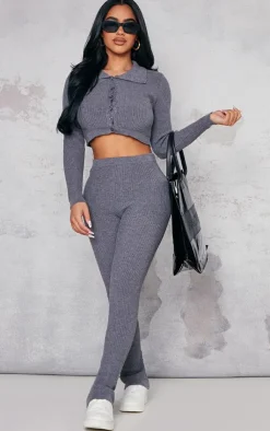 Clearance PrettyLittleThing Petite Knitted Rib High Waisted Skinny Flares Charcoal