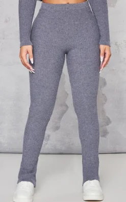 Clearance PrettyLittleThing Petite Knitted Rib High Waisted Skinny Flares Charcoal