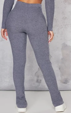 Clearance PrettyLittleThing Petite Knitted Rib High Waisted Skinny Flares Charcoal