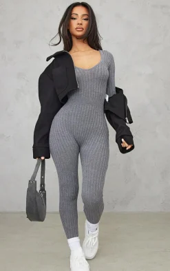 Petite Charcoal Long Sleeve Knitted Jumpsuit