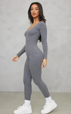 Petite Charcoal Long Sleeve Knitted Jumpsuit