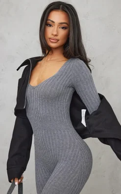 Petite Charcoal Long Sleeve Knitted Jumpsuit