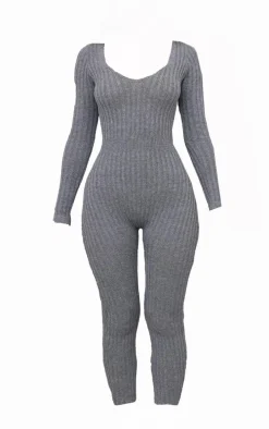 Petite Charcoal Long Sleeve Knitted Jumpsuit