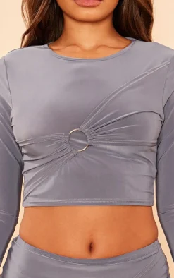 Clearance PrettyLittleThing Petite Long Sleeve Slinky Crop Top Charcoal